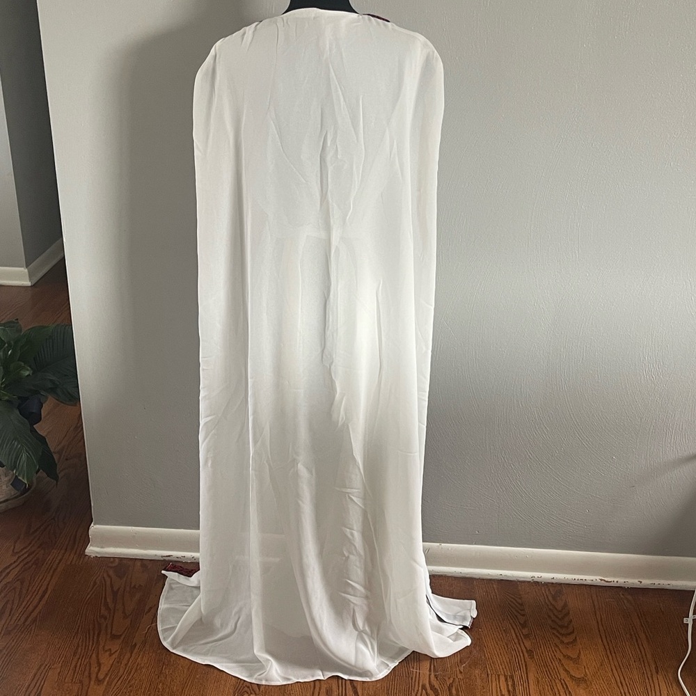Red Black Embroidered Maxi Kaftan Dress with White Cape Overlay Size M - Picture 6 of 7